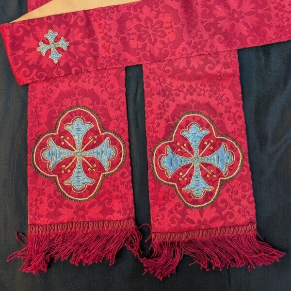 Lovely Embroidered Vintage Red Damask Stole with Blue Crosses