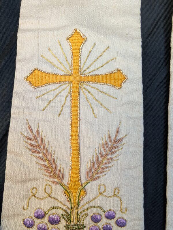 Two 1960's-70's Embroidered Broad Stoles Cream & Purple