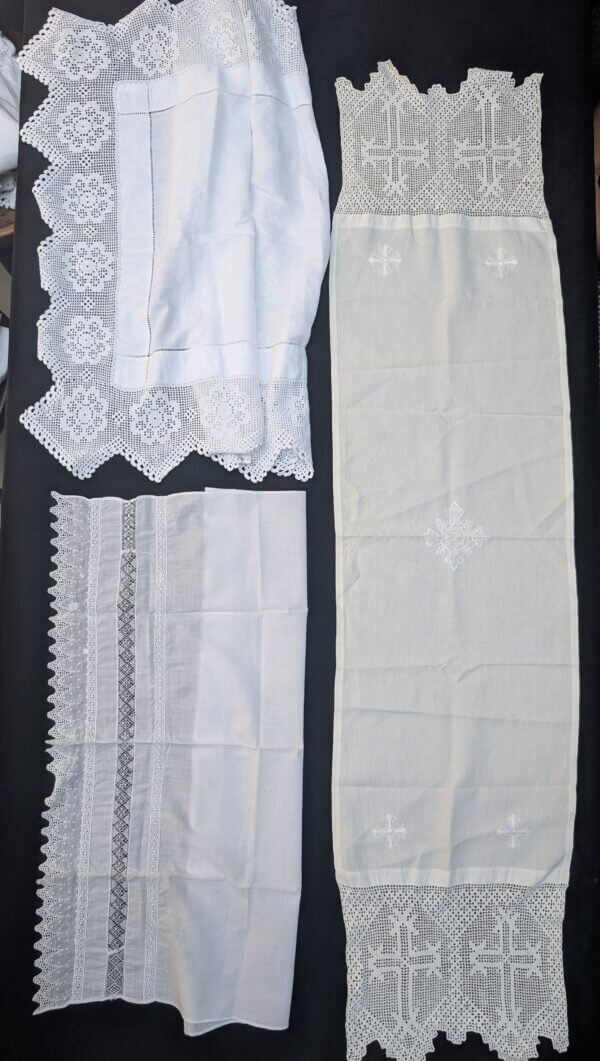 Communion Linen #9 - Very Fine Embroidered Lace Altar Table Runner Cloth Fair Linen plus 2 other Good Quality Cloths