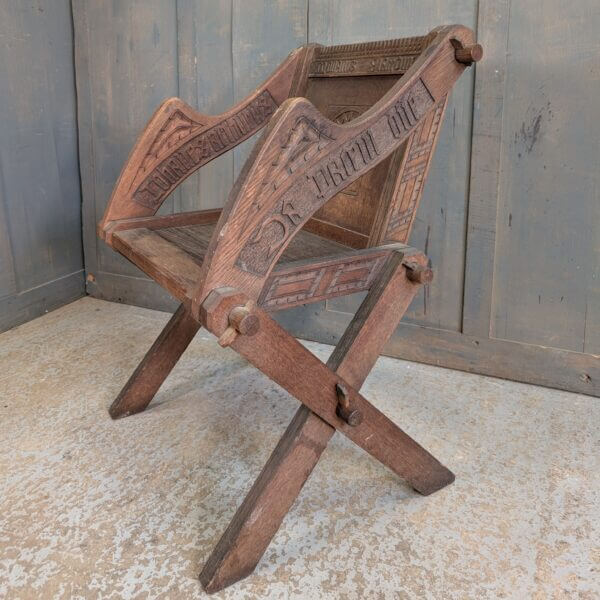 Antique Oak Carved Latin Inscribed Glastonbury Clergy Chair