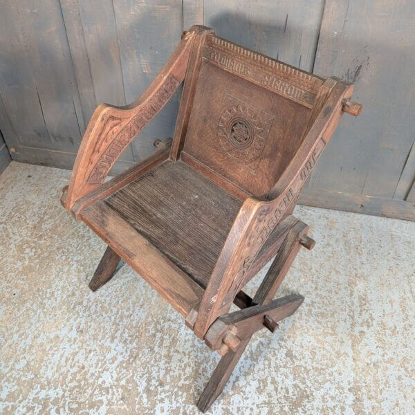 Antique Oak Carved Latin Inscribed Glastonbury Clergy Chair