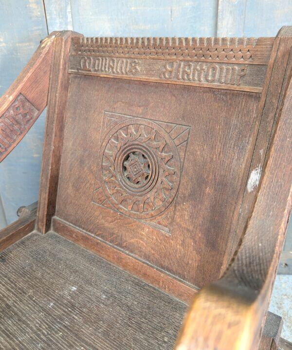 Antique Oak Carved Latin Inscribed Glastonbury Clergy Chair