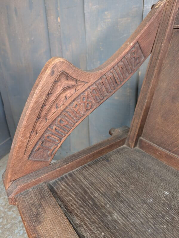 Antique Oak Carved Latin Inscribed Glastonbury Clergy Chair