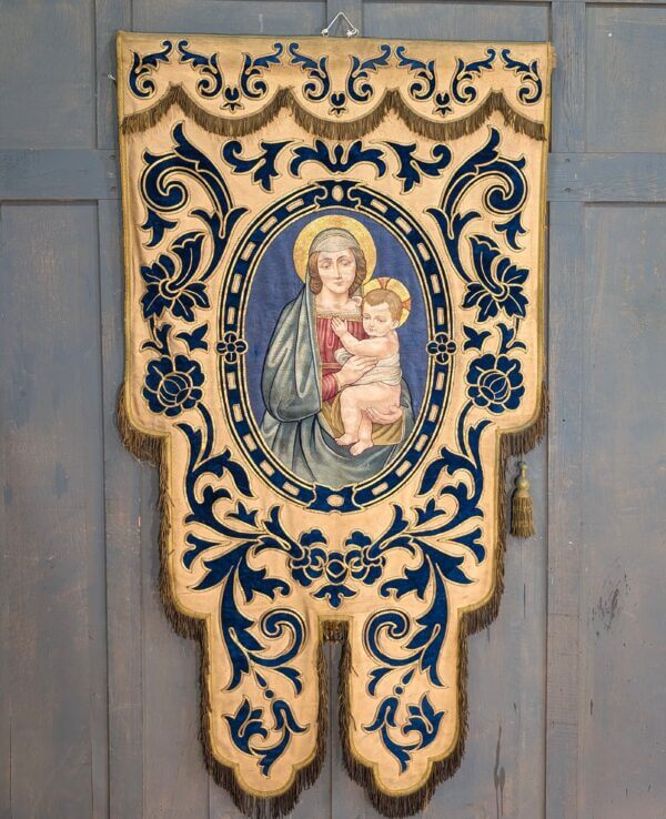 Outstanding Late 19th Century Heavily Embroidered Religious Hanging Banner of the Madonna and Child
