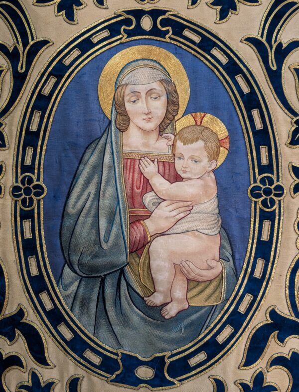 Outstanding Late 19th Century Heavily Embroidered Religious Hanging Banner of the Madonna and Child