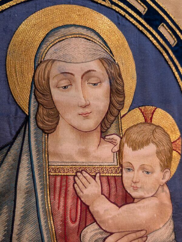 Outstanding Late 19th Century Heavily Embroidered Religious Hanging Banner of the Madonna and Child