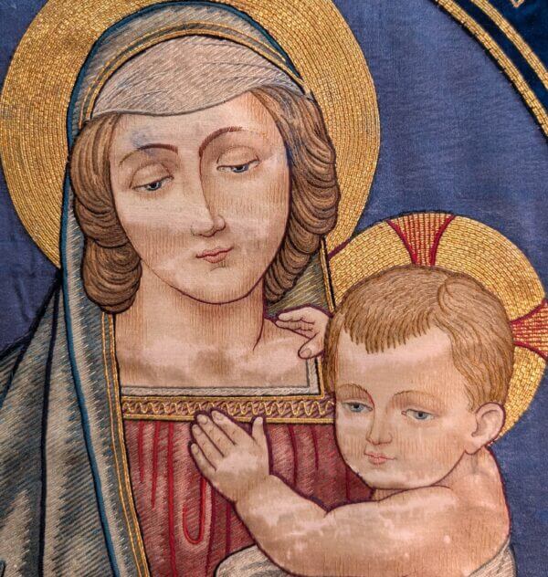 Outstanding Late 19th Century Heavily Embroidered Religious Hanging Banner of the Madonna and Child