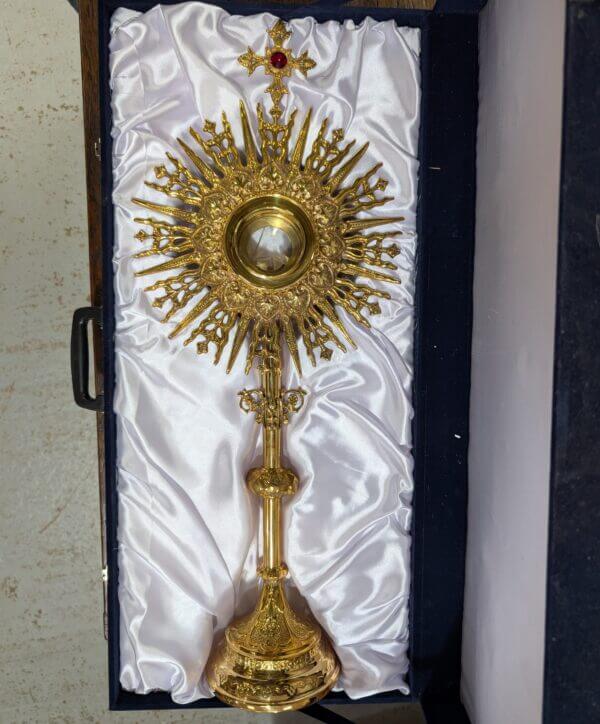 Exciting As New Beaux Arts Sunburst Large Brass Monstrance with Begemmed Cross & Case