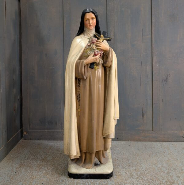 Antique French Large Religious Statue of St Therese de Lisieux with Beautiful Glass Eyes