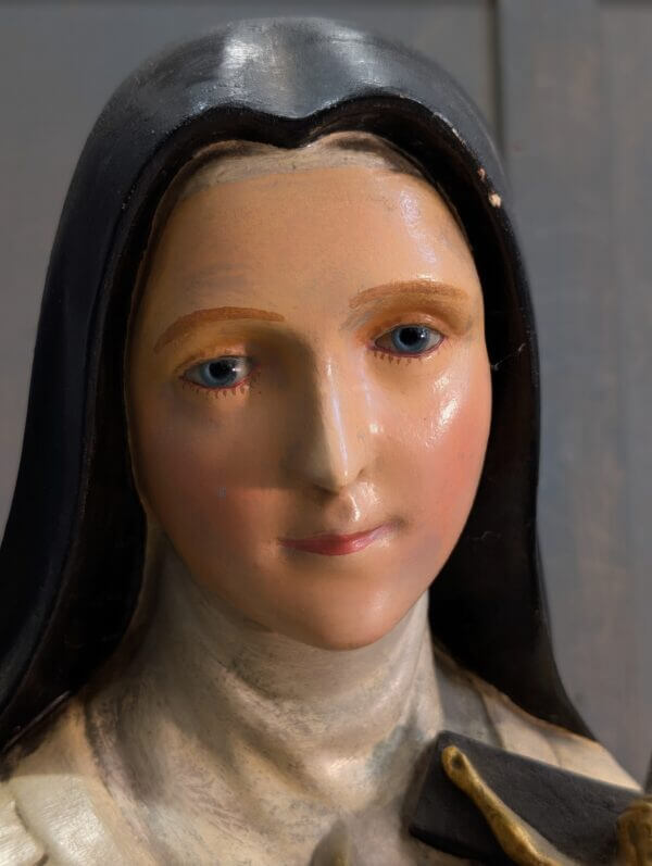 Antique French Large Religious Statue of St Therese de Lisieux with Beautiful Glass Eyes
