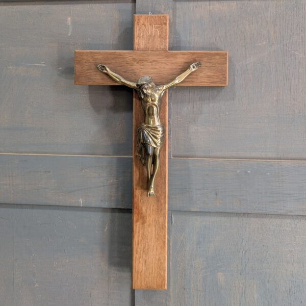 Modern German Oak & Gold Coloured Metal Convent Crucifix Medium Size