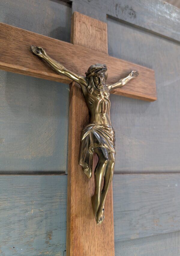 Modern German Oak & Gold Coloured Metal Convent Crucifix Medium Size