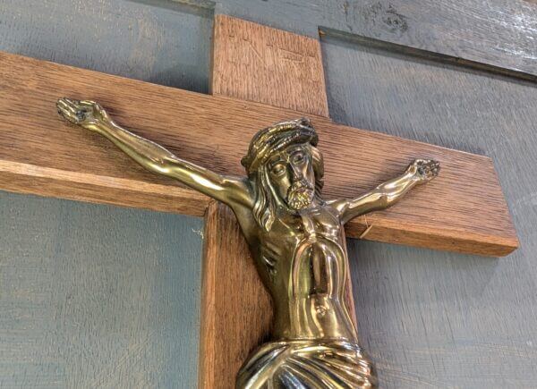 Modern German Oak & Gold Coloured Metal Convent Crucifix Medium Size