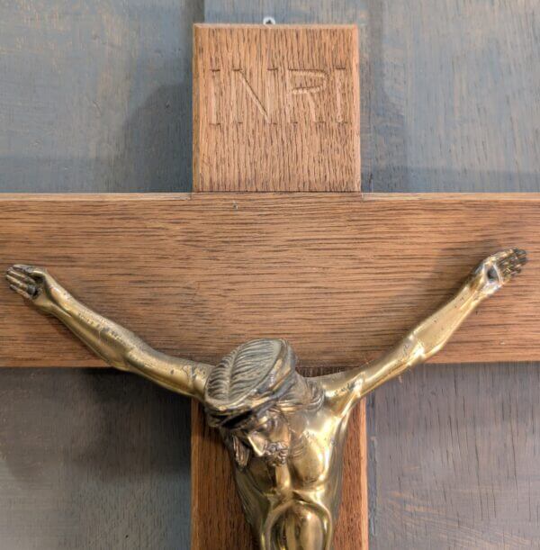 Modern German Oak & Gold Coloured Metal Convent Crucifix Medium Size