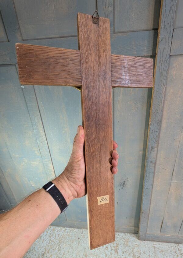 Modern German Oak & Gold Coloured Metal Convent Crucifix Medium Size