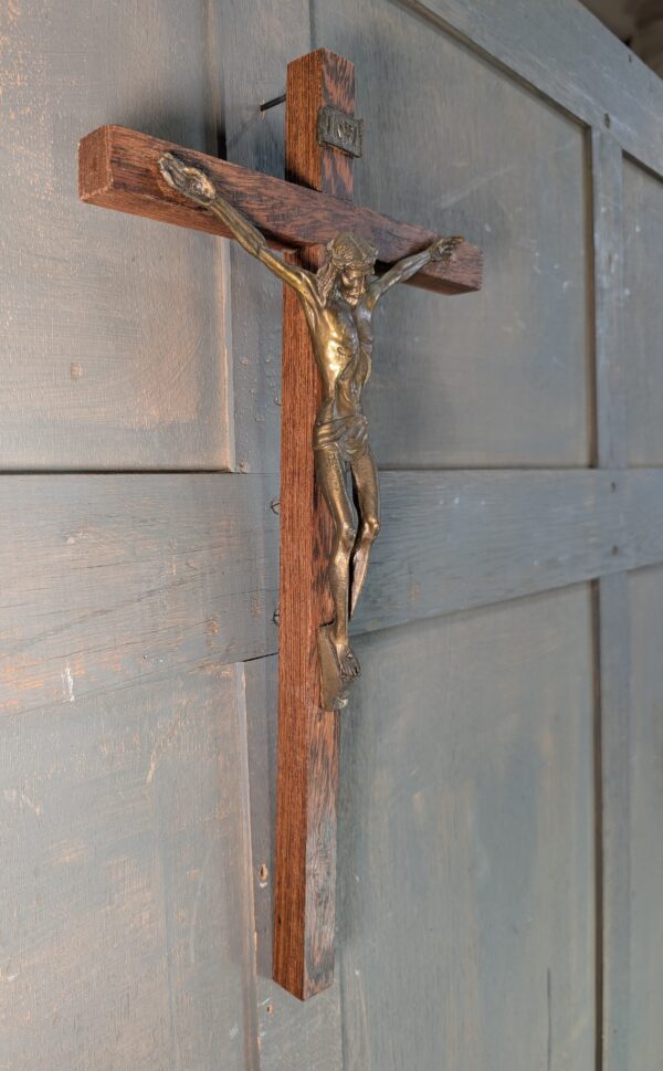 Austere 1960's Vintage Tall & Slender Crucifix with Gold Coloured Lead Figure