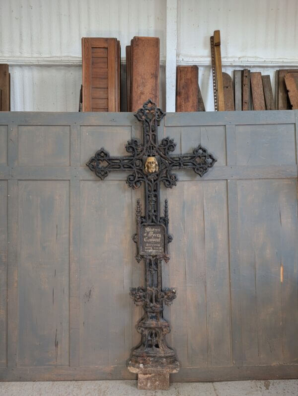 Extremely Large 2.1 Metre High Belgian 19th Century Cast Iron Cross Crucifix with Name Plate