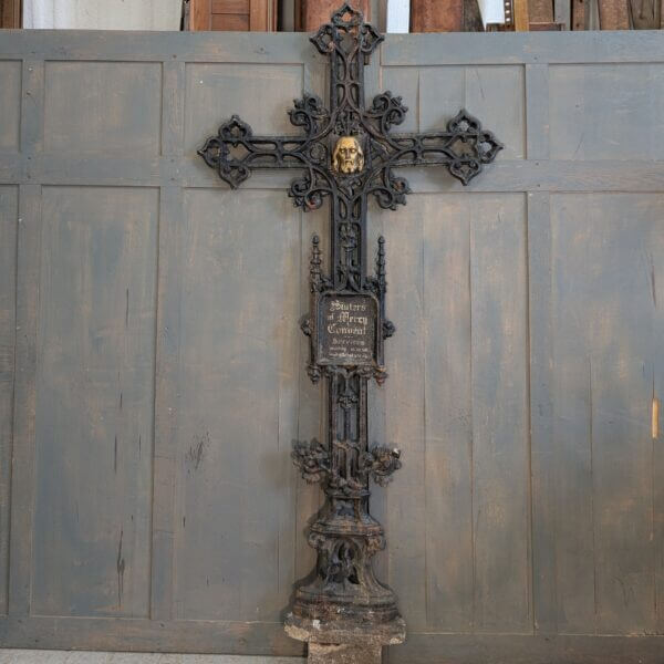 Extremely Large 2.1 Metre High Belgian 19th Century Cast Iron Cross Crucifix with Name Plate