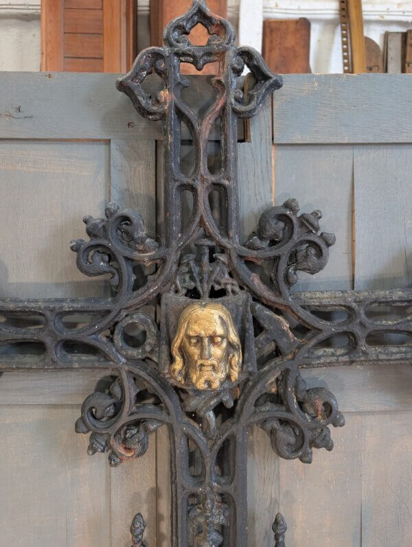 Extremely Large 2.1 Metre High Belgian 19th Century Cast Iron Cross Crucifix with Name Plate