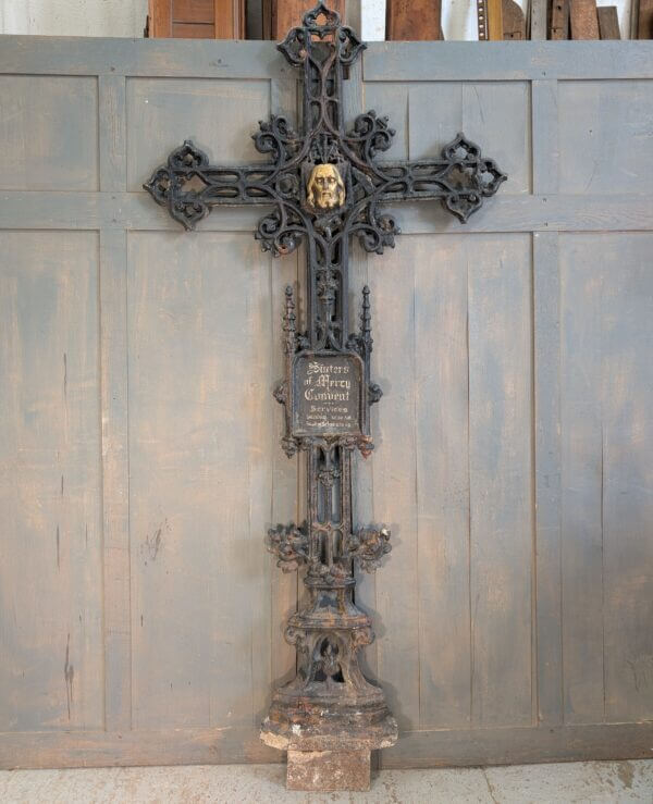 Extremely Large 2.1 Metre High Belgian 19th Century Cast Iron Cross Crucifix with Name Plate