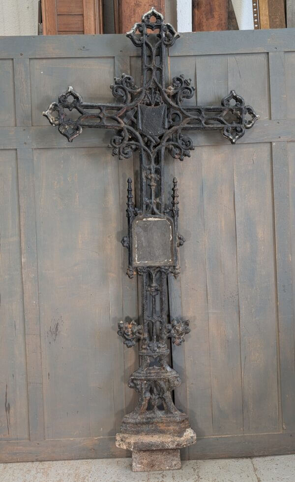 Extremely Large 2.1 Metre High Belgian 19th Century Cast Iron Cross Crucifix with Name Plate