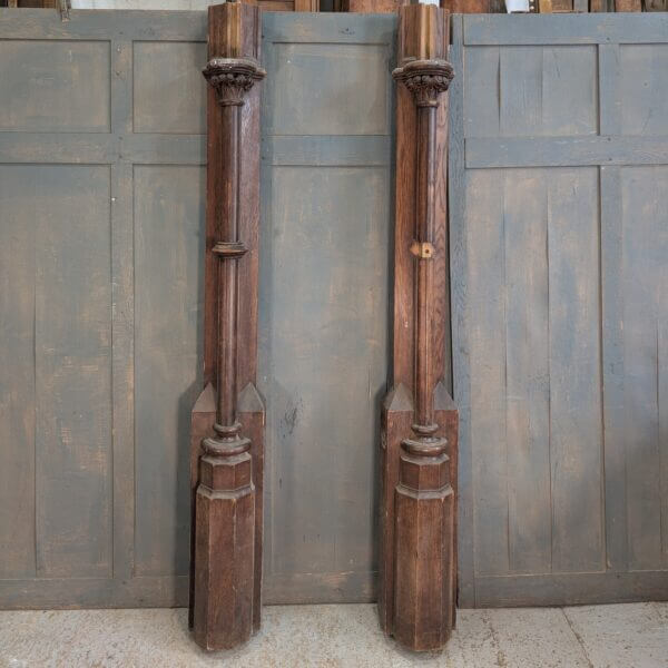 Two Victorian Heavy Oak Church Columns with Carvings