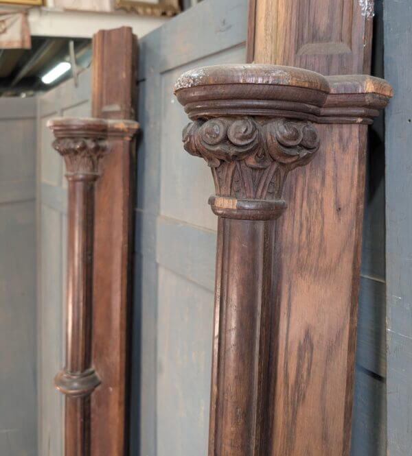 Two Victorian Heavy Oak Church Columns with Carvings