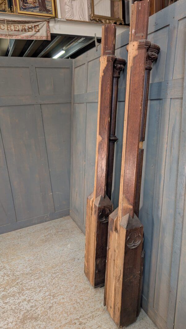 Two Victorian Heavy Oak Church Columns with Carvings