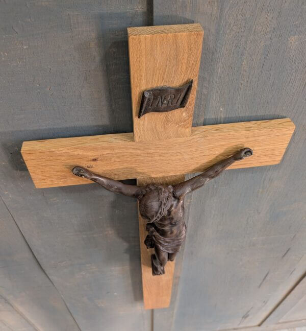 Large Striking Dark Bronzed Figure on Oak Crucifix
