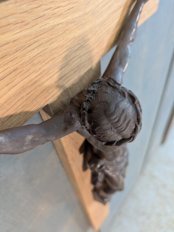 Large Striking Dark Bronzed Figure on Oak Crucifix