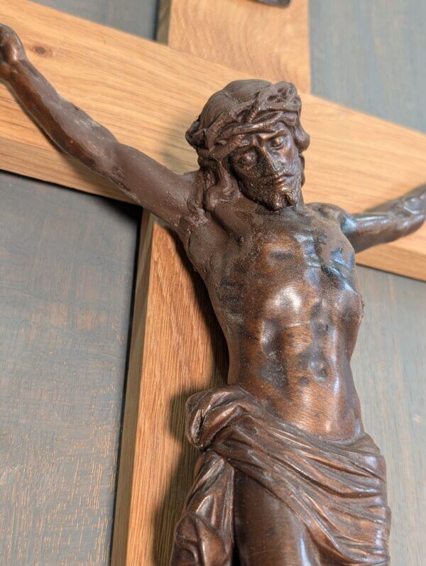 Large Striking Dark Bronzed Figure on Oak Crucifix