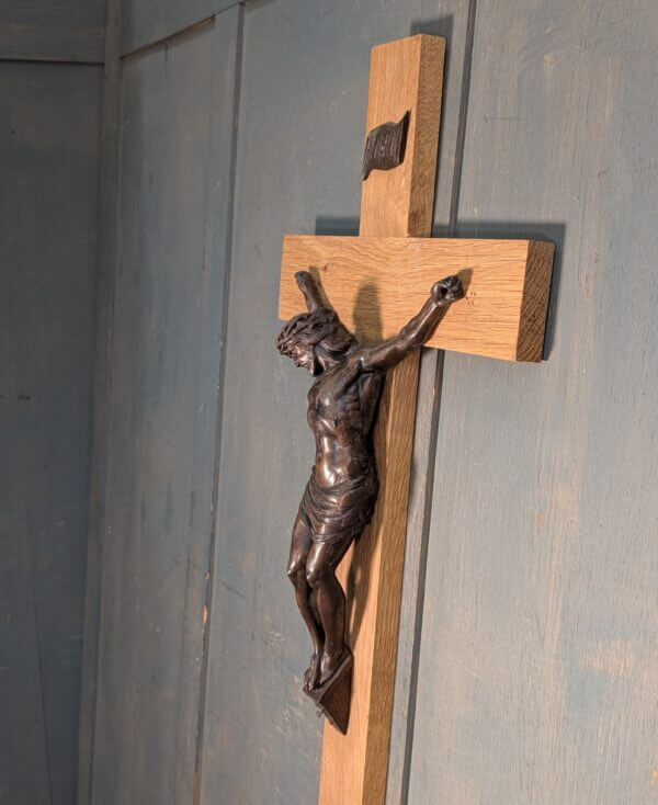 Large Striking Dark Bronzed Figure on Oak Crucifix
