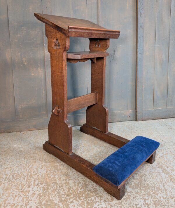 Medium Size Antique Gothic Oak Prayer Desk Prie Dieu with Blue Kneeler