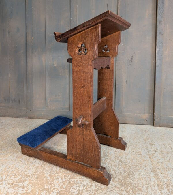 Medium Size Antique Gothic Oak Prayer Desk Prie Dieu with Blue Kneeler
