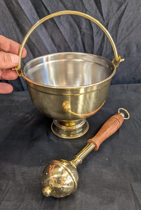 Wooden Handled Holy Water Sprinkler Aspergillum & Medium Holy Water Vat Pail Pot