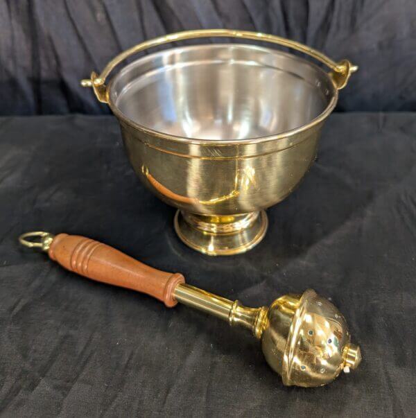 Wooden Handled Holy Water Sprinkler Aspergillum & Medium Holy Water Vat Pail Pot