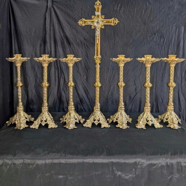 Beaux-Arts Striking Brass 'Big Six' Set of Candlesticks with Matching Crucifix