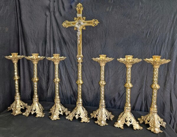 Beaux-Arts Striking Brass 'Big Six' Set of Candlesticks with Matching Crucifix