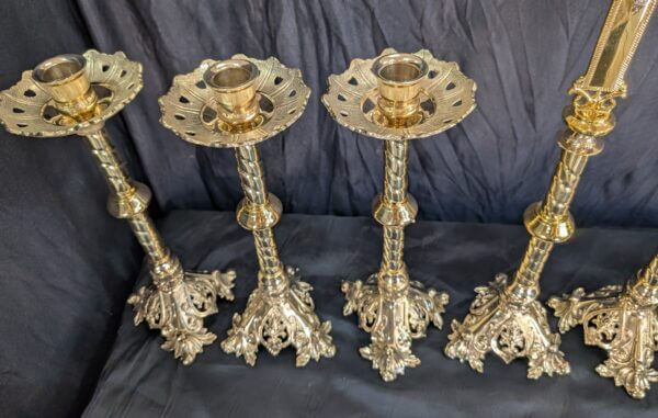 Beaux-Arts Striking Brass 'Big Six' Set of Candlesticks with Matching Crucifix
