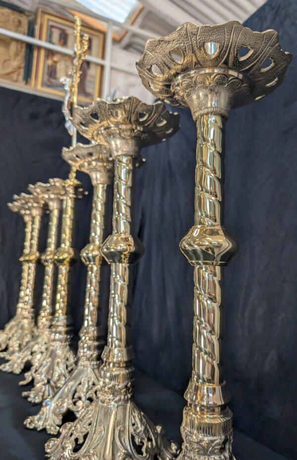 Beaux-Arts Striking Brass 'Big Six' Set of Candlesticks with Matching Crucifix