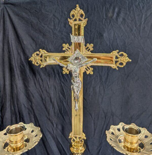 Beaux-Arts Striking Brass 'Big Six' Set of Candlesticks with Matching Crucifix