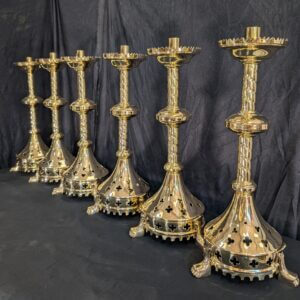 Gothic Influenced All Brass 'Big 6' Altar Candlesticks with Lion Claw Feet