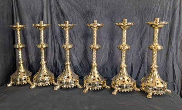 Gothic Influenced All Brass 'Big 6' Altar Candlesticks with Lion Claw Feet