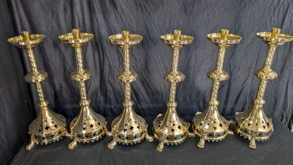 Gothic Influenced All Brass 'Big 6' Altar Candlesticks with Lion Claw Feet