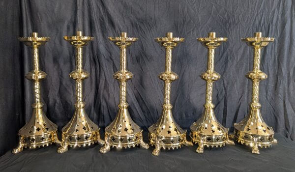 Gothic Influenced All Brass 'Big 6' Altar Candlesticks with Lion Claw Feet
