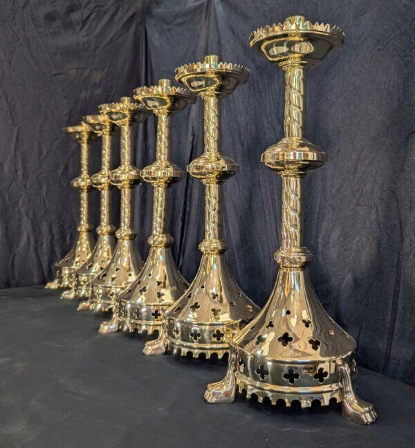 Gothic Influenced All Brass 'Big 6' Altar Candlesticks with Lion Claw Feet