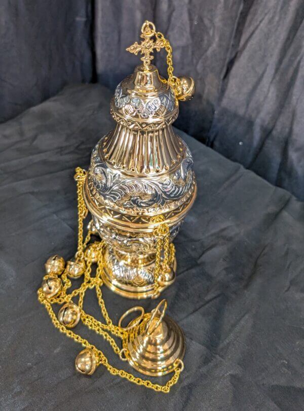 Silver & Gold Coloured Brass Thurible Censer Incense Burner in a Highly Decorative Eastern Style