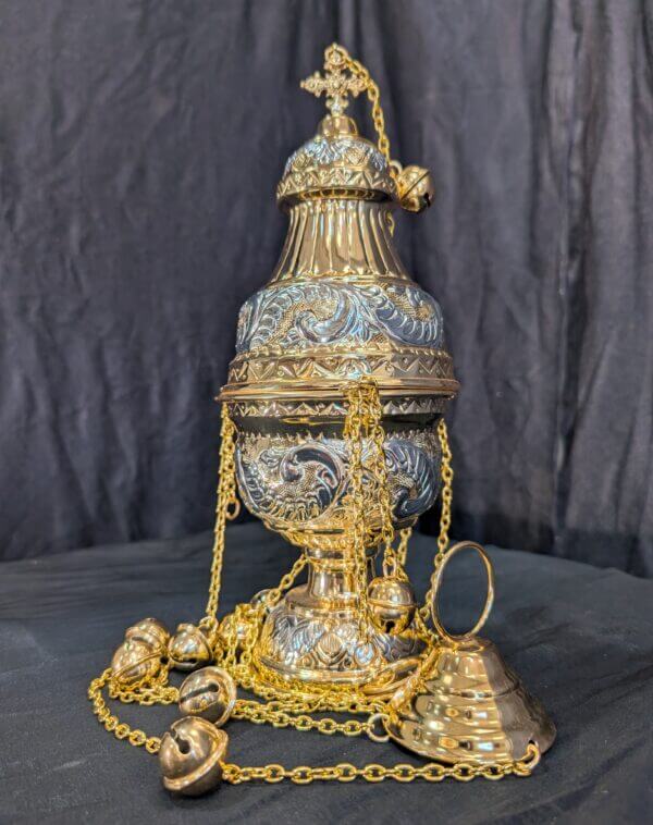 Silver & Gold Coloured Brass Thurible Censer Incense Burner in a Highly Decorative Eastern Style