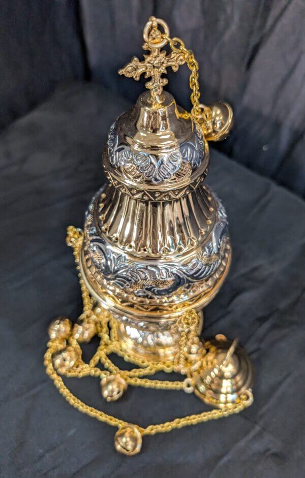 Silver & Gold Coloured Brass Thurible Censer Incense Burner in a Highly Decorative Eastern Style