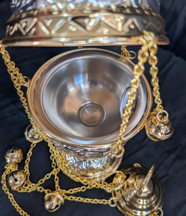 Silver & Gold Coloured Brass Thurible Censer Incense Burner in a Highly Decorative Eastern Style